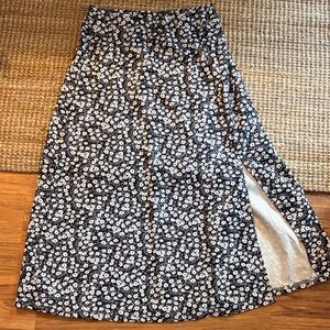 Black and White Floral Midi Skirt with Side Slit